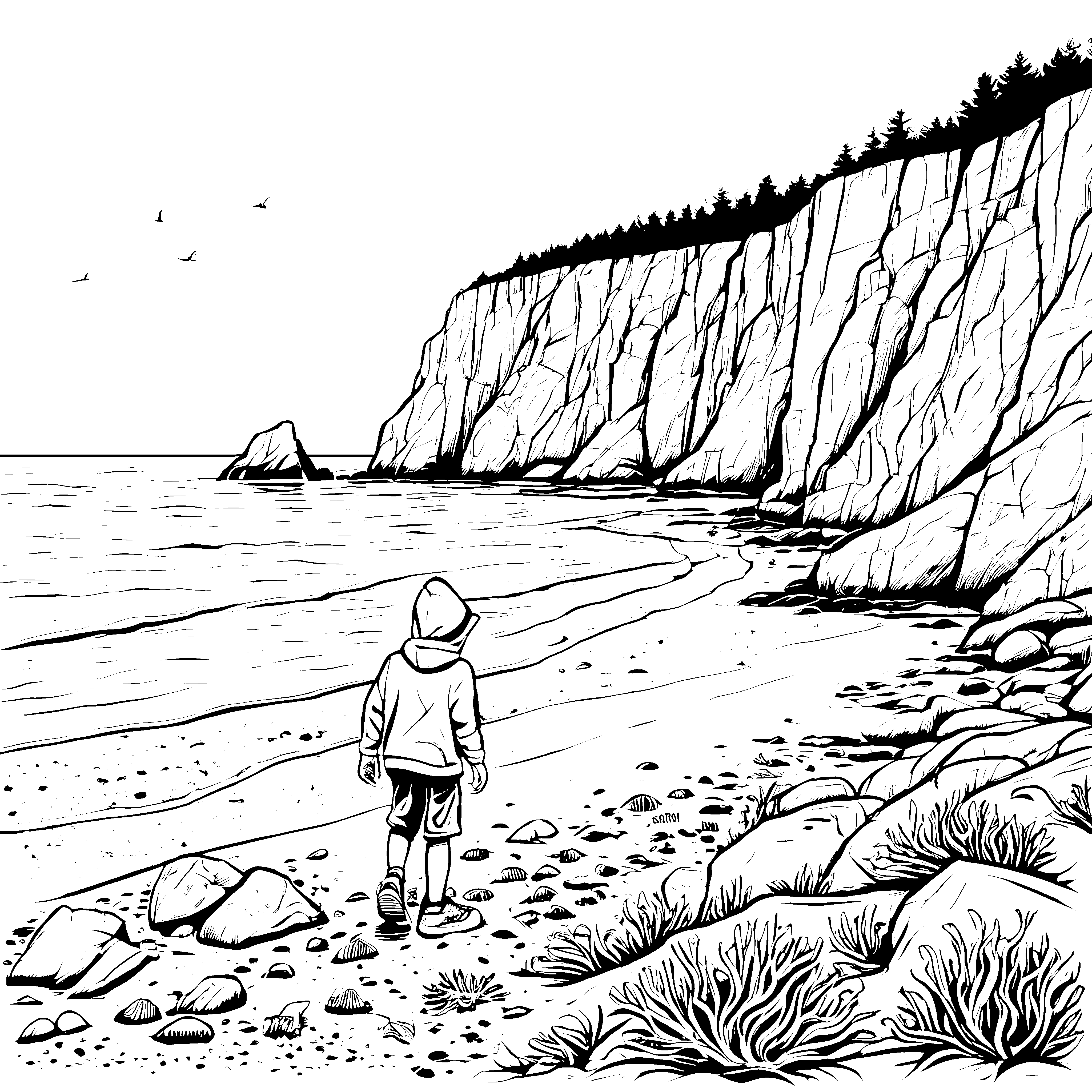 Abenteuerliche Klippenlandschaft mit neugierigem Entdecker Ausmalbild für kleine Abenteurer