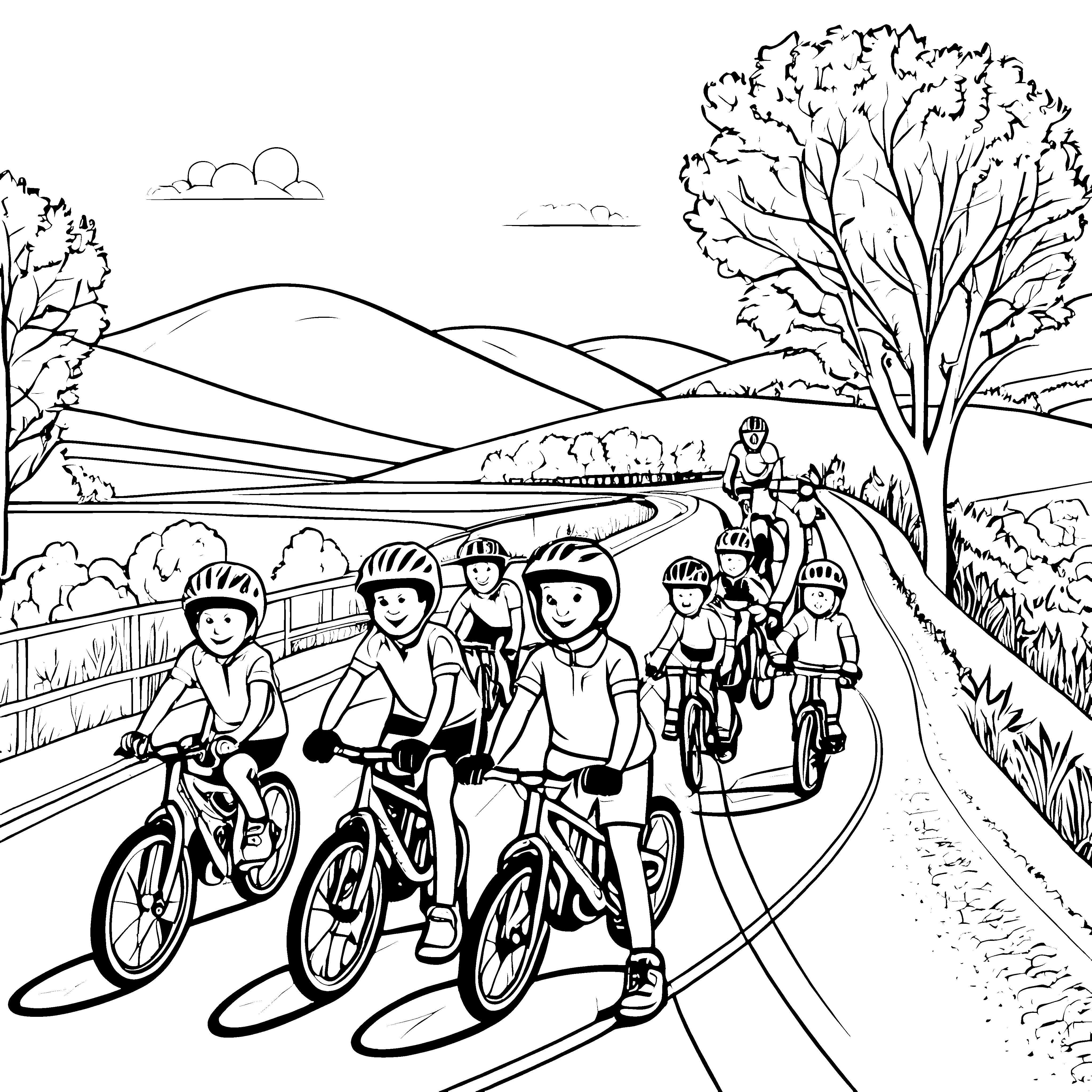 Bunte Rennradgruppe auf abenteuerlicher Tour Ausmalbild für junge Sportfreunde