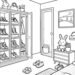 Gemütlicher Schuhschrank mit süßen Sneakern Ausmalvorlage für neugierige kleine Einräumer
