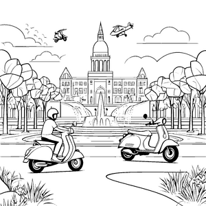 Faszinierende Mopeds cruisen durch den schönen Park Ausmalvorlage für neugierige Abenteurer
