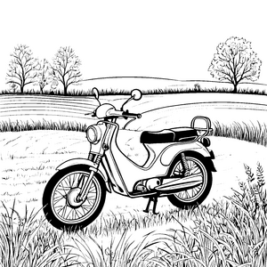 Schickes Moped vor malerischer Landschaft Ausmalmotiv für kleine Abenteurer