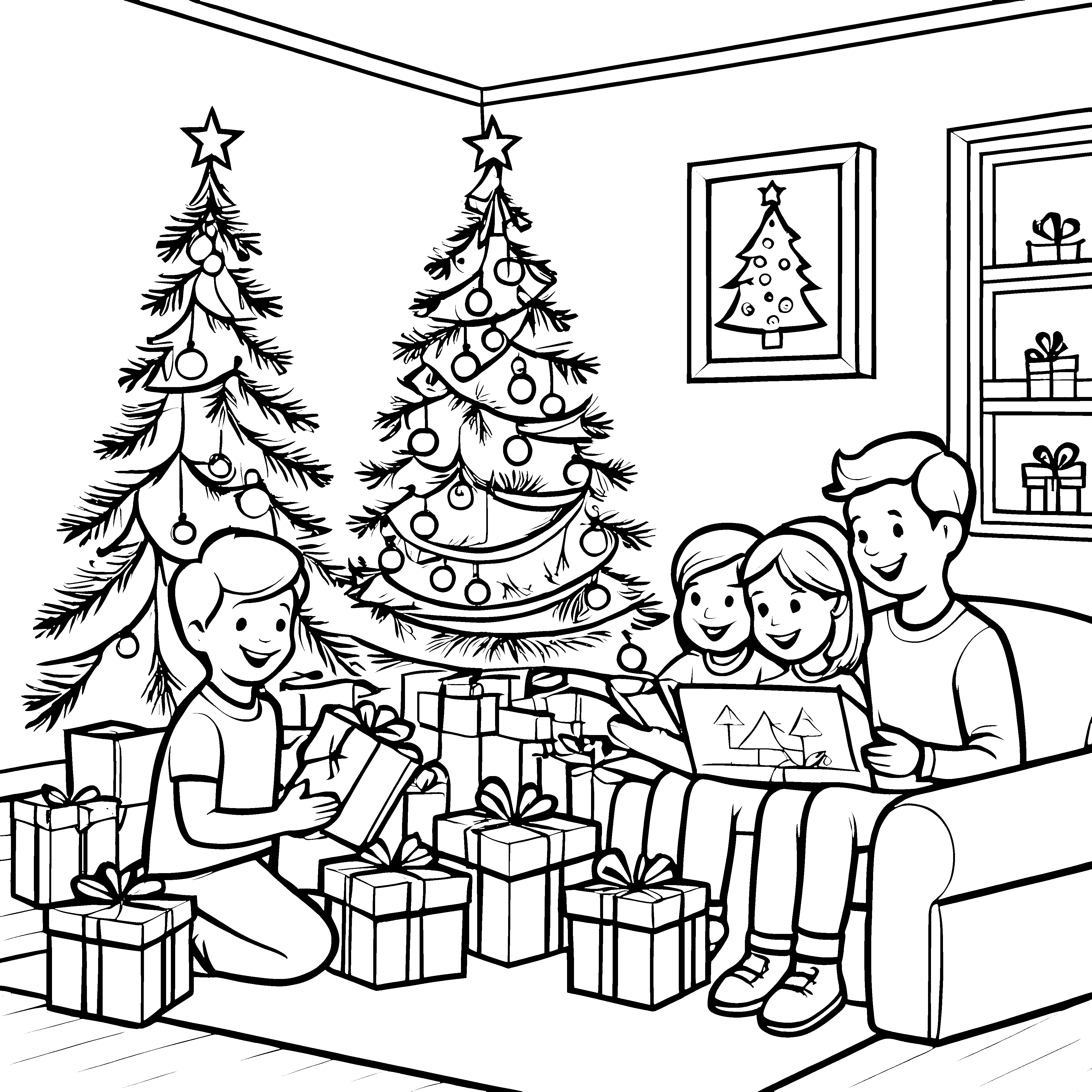 Festliche Bescherung mit bunten Geschenken Ausmalmotivation für fröhliche Weihnachtskinder