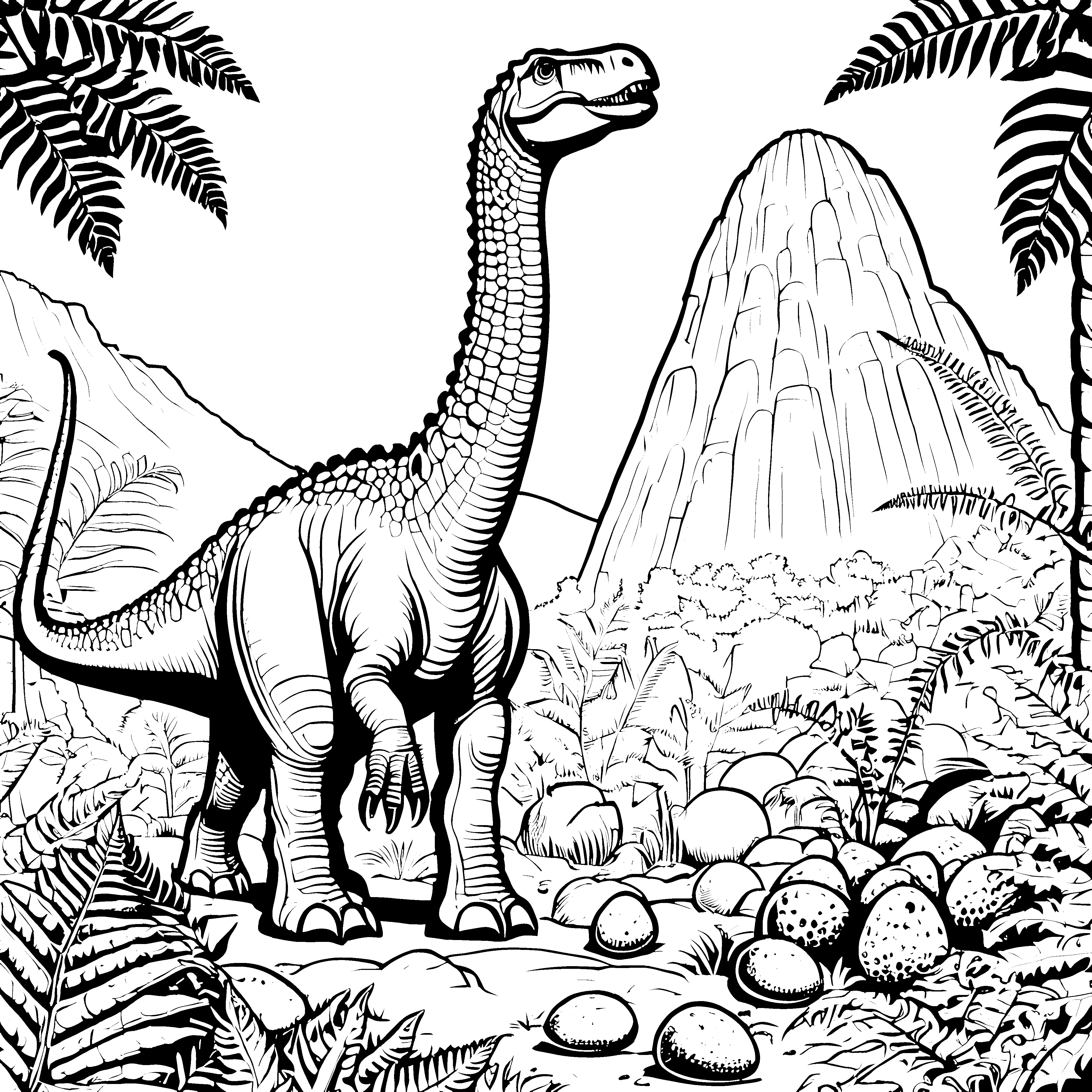 Gigantischer Brachiosaurus unter tropischen Pflanzen Ausmalmotiv für kleine Entdecker