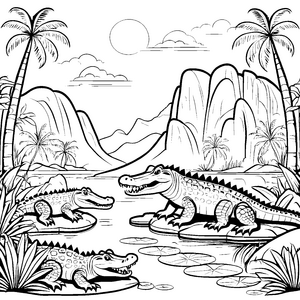 Drei abenteuerlustige Krokodile am ruhigen Teich Ausmalmotiv für kleine Naturentdecker