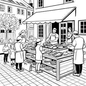 Lebhafte Fleischereifachverkäufer beim fröhlichen Marktbeschluss Ausmalbild für neugierige Nachwuchs-Köche