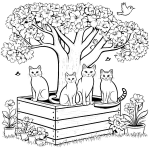 Charmante Schmusekatzen vor blühendem Baum Ausmalmotiv für liebevolle Tierfreunde