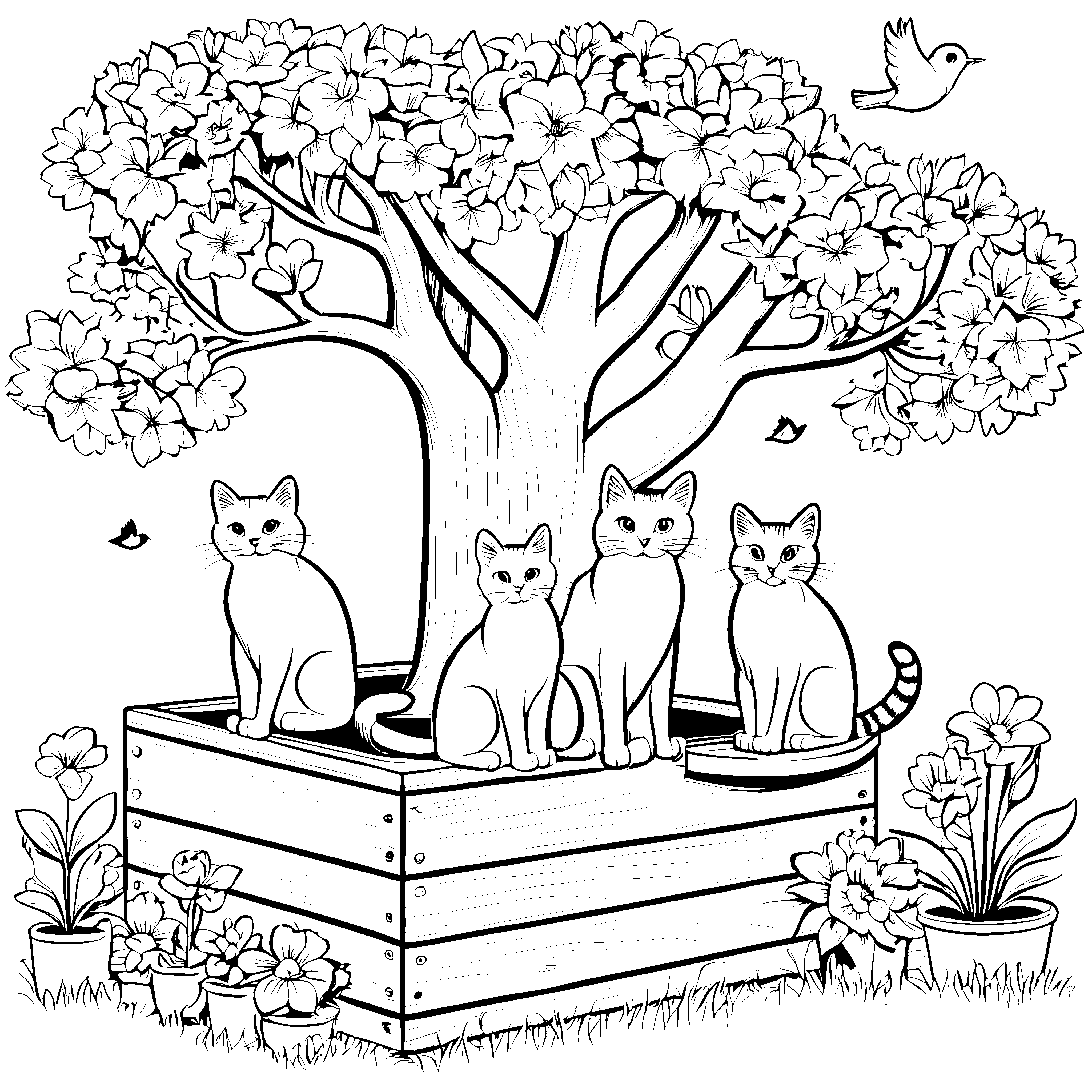 Charmante Schmusekatzen vor blühendem Baum Ausmalmotiv für liebevolle Tierfreunde