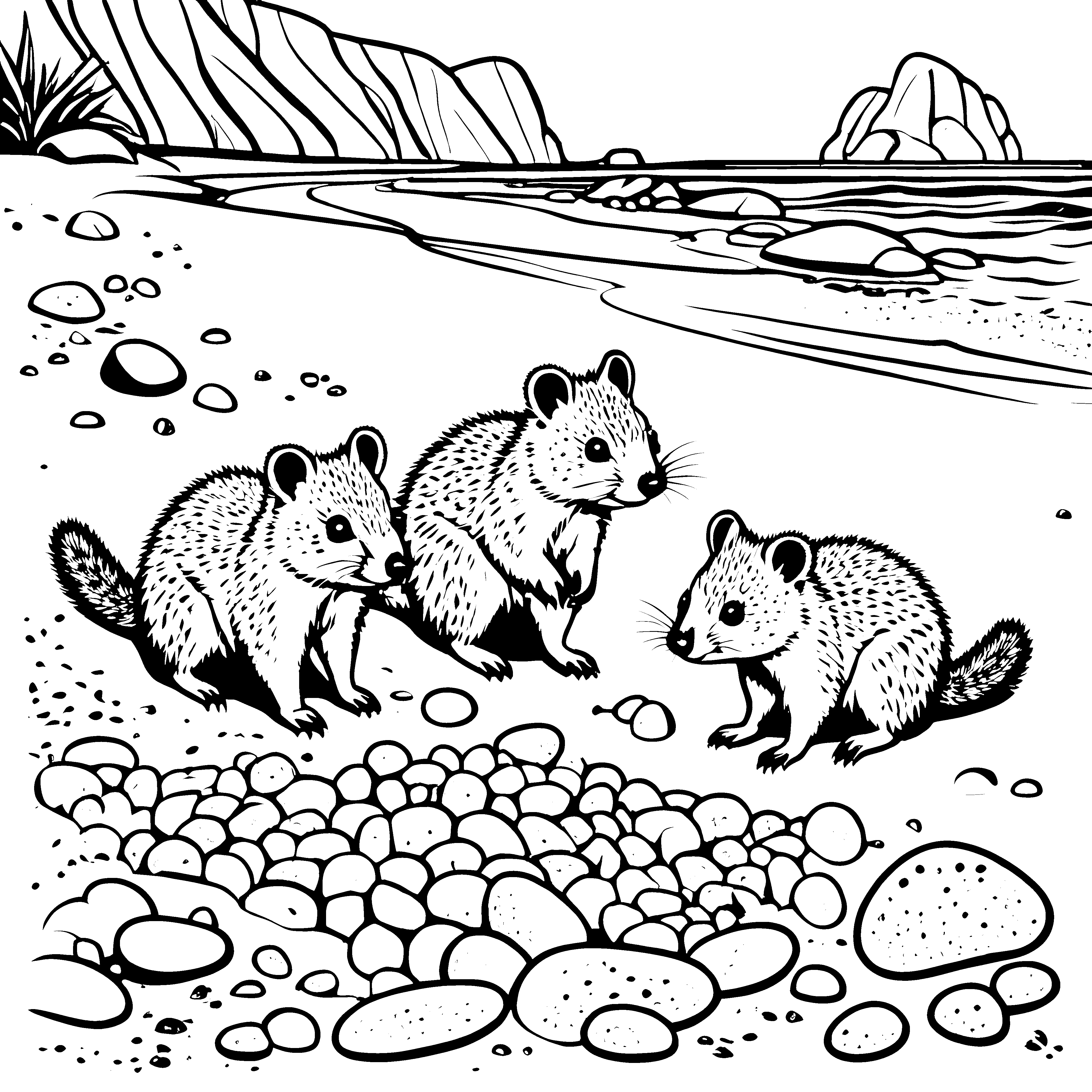 Neugierige Quokka Babys erkunden den Kiesstrand Ausmalbild für kleine Entdecker
