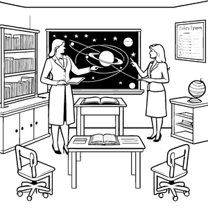 Lehrreiche Astronomie-Diskussion im Klassenzimmer Ausmalvorlage für neugierige Köpfe