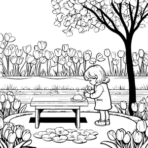 Fröhliches Mädchen beim Blumengießen Ausmalvorlage für kleine Gartenentdecker