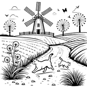Verspielte Bauernhofkatzen auf belebtem Feld Ausmalvorlage für kleine Entdecker