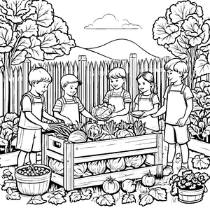 Gemeinsames Ernten frischer Weißkohlköpfe Ausmalbild für kleine Naturfreunde