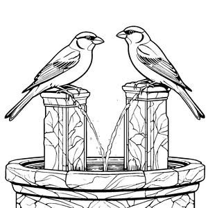 Zwei elegante Vögel am Brunnen Ausmalbild für kreative Wasserliebhaber