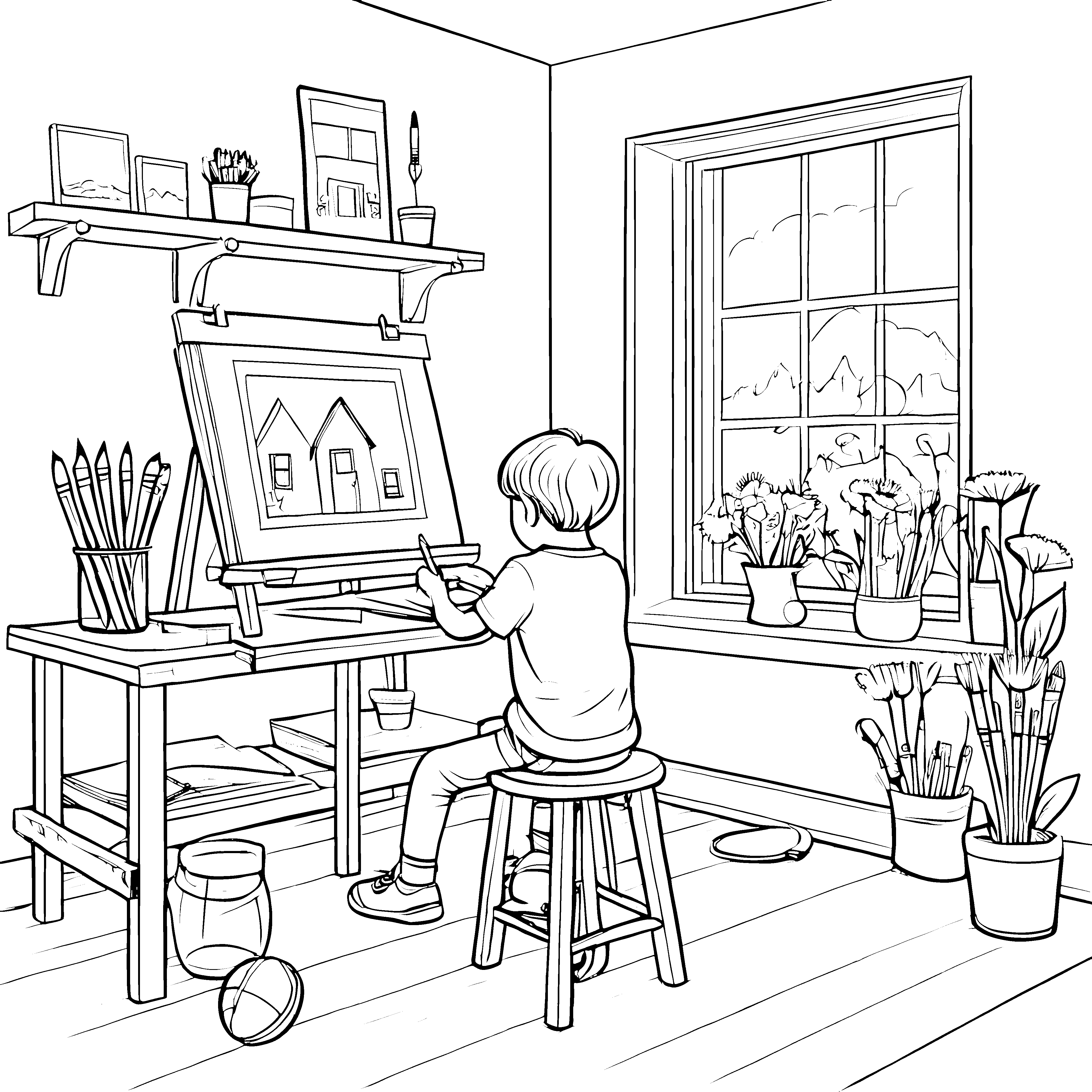 Bezauberndes Malatelier mit fröhlichem Blumenschmuck Ausmalbild für kreative Entdecker