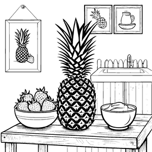 Saftige Ananas auf fröhlichem Obsttisch Ausmalbild für kreative Küchenhelden