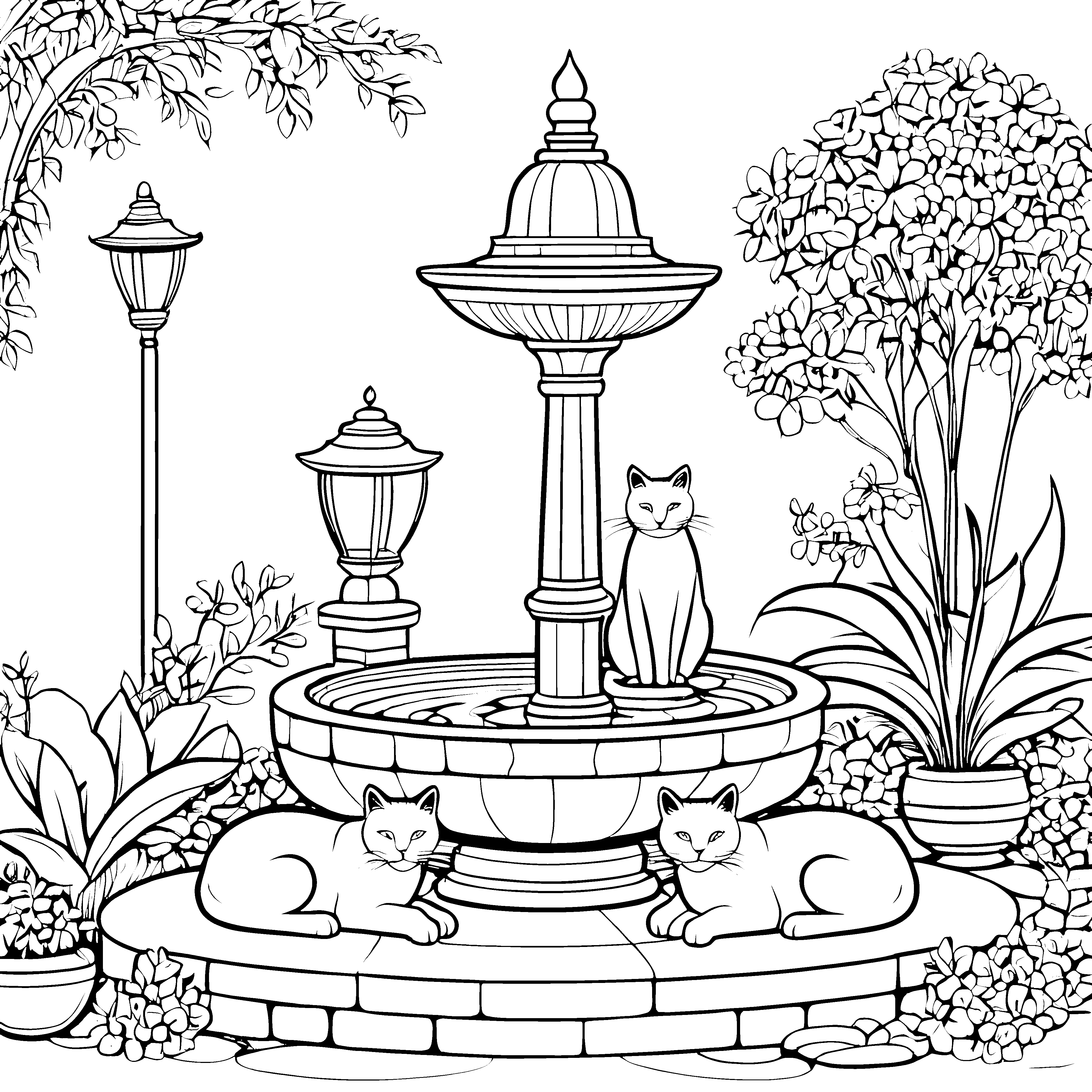 Schmusekatzen am sprudelnden Brunnen Malvorlage für entspannte Tierfreunde