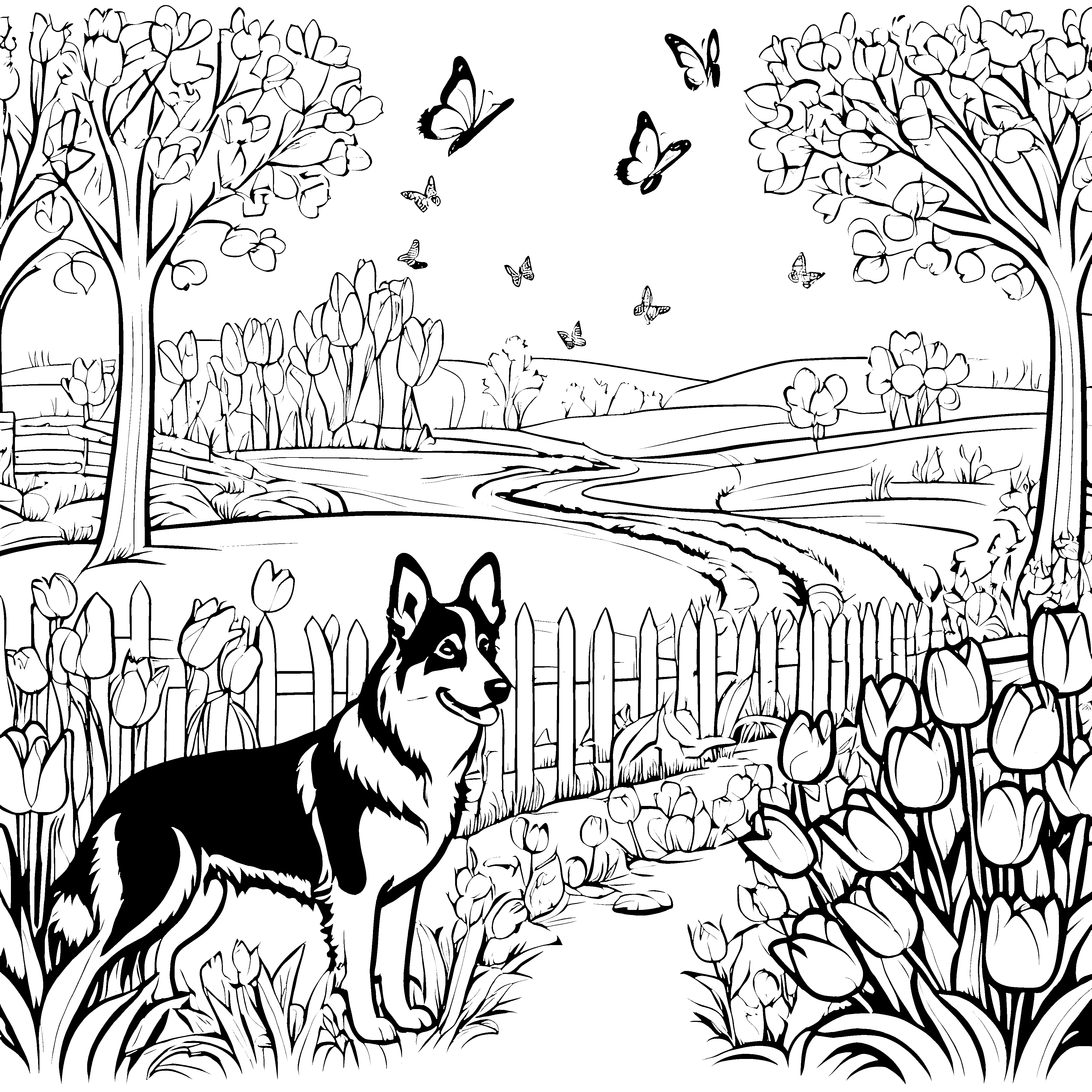 Fröhlicher Hofhund im blühenden Garten Ausmalbild für kreative Naturfreunde