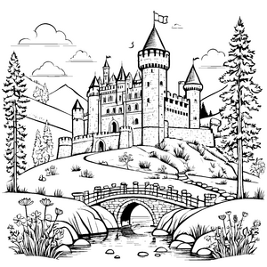 Faszinierende Burg mit märchenhaftem Ausblick Ausmalvorlage für kleine Ritter und Prinzessinnen