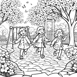 Lustige Freundinnen beim bunten Spaziergang Ausmalbild für kleine Entdecker