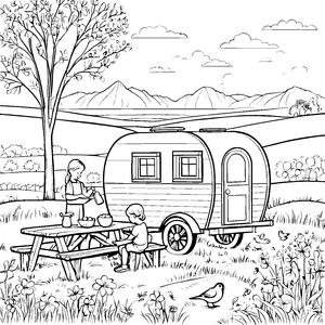 Gemütlicher Wohnwagen im blühenden Garten Ausmalbild für abenteuerliche Entdecker