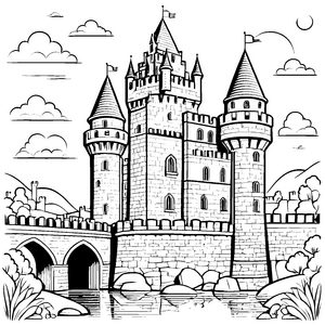 Majestätische Burg mit schönen Türmen Ausmalvorlage für kreative Geschichtenerzähler