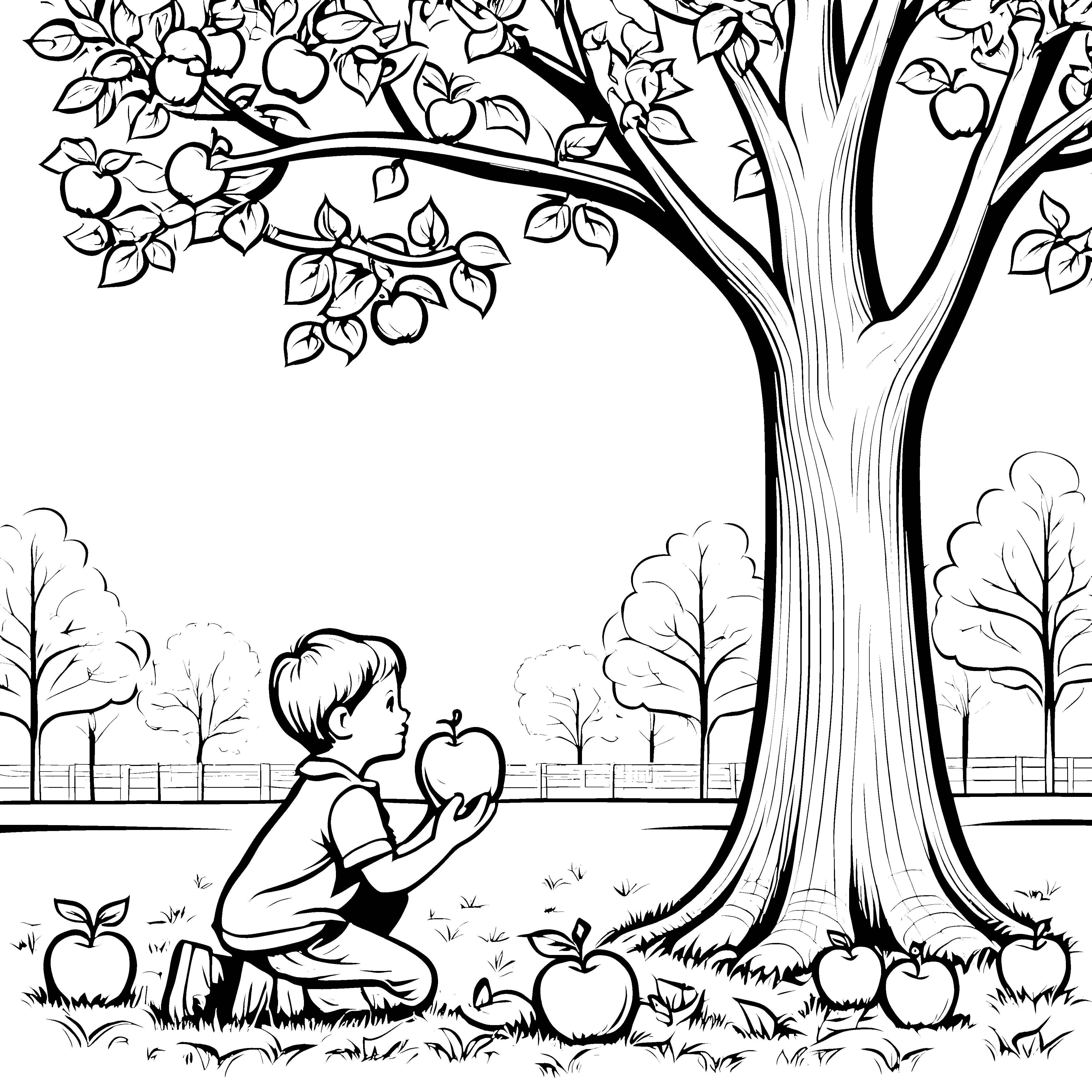 Kreative Apfelernte unter dem Obstbaum Ausmalbild für kleine Naturfreunde