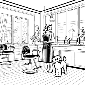 Frisierender Hund mit fröhlicher Friseurin Malvorlage für kreative Haarkünstler