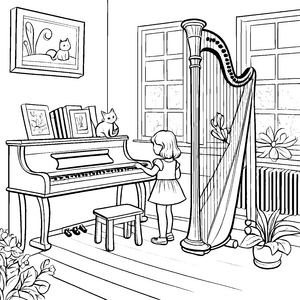 Harmonische Harfe mit neugieriger Musikerin Ausmalbild für kleine Klangentdecker