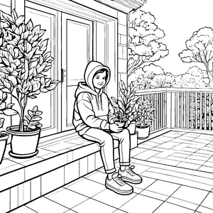 Gemütlicher Balkon mit blühenden Pflanzen Ausmalvorlage für kleine Naturfreunde