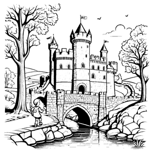 Magische Ritterburg am plätschernden Wasser Ausmalmotiv für abenteuerlustige Schlossforscher