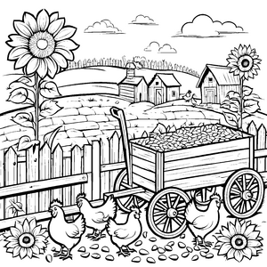 Fröhliche Hühner um die Erntewagen Malvorlage für kleine Naturfreunde