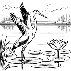 Eleganter Reiher auf Wasserlilie Ausmalbild für kreative Entdecker