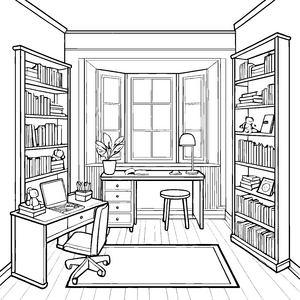Gemütlicher Bücherschrank mit vielen Geschichten Ausmalbild für wissbegierige Leseratten