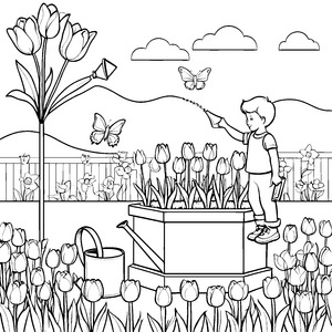 Bunter Blumenkübel mit fröhlichem Jungen Ausmalbild für kleine Gartenkünstler
