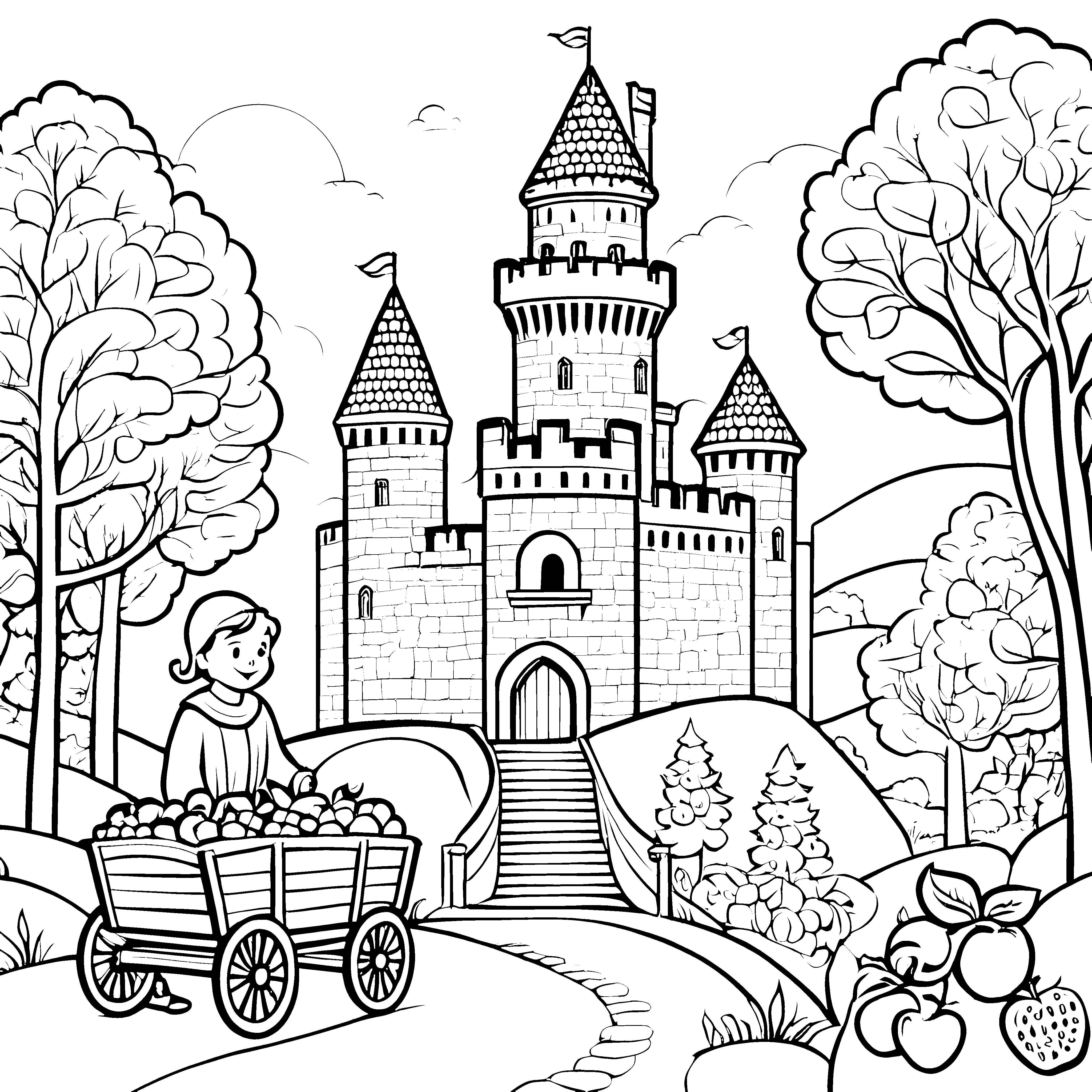 Majestätische Burg mit fröhlichem Obstverkäufer Malvorlage für abenteuerlustige Märchenfans