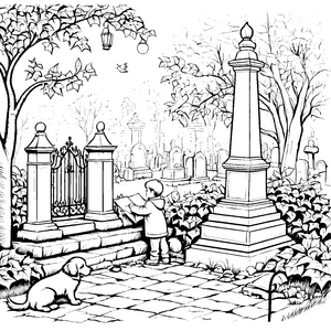 Faszinierender Junge entdeckt geheimnisvollen Friedhof Ausmalbild für mutige Entdecker