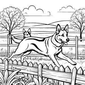 Fröhlicher Hofhund springt über den Zaun Ausmalvorlage für neugierige Tierfreunde