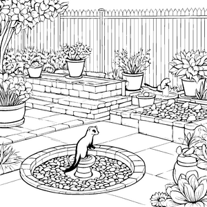 Frettchen spielt im bunten Blumengarten Ausmalbild für fantasievolle Gartenfreunde