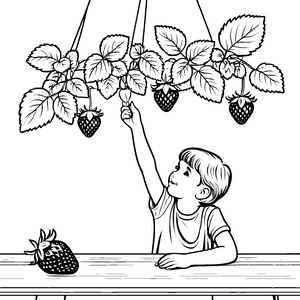 Fröhlicher Junge pflückt frische Erdbeeren Ausmalbild für kleine Naschkatzen