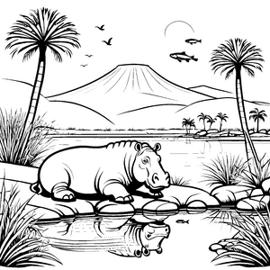 Gemütliches Nilpferd am glitzernden Wasser Ausmalmotiv für neugierige Entdecker