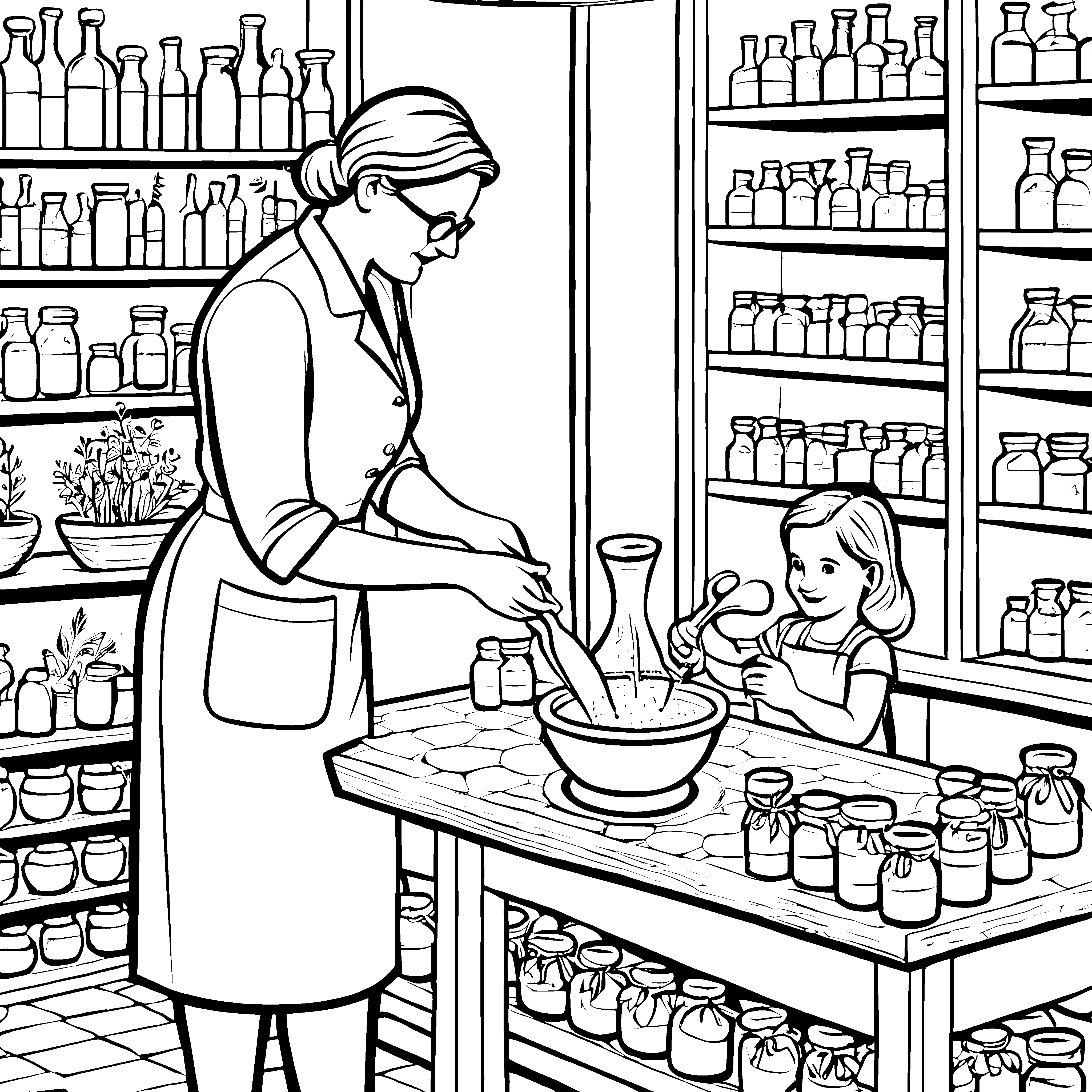 Kreative Apothekerin mixt spannende Heilmittel Ausmalbild für junge Gesundheitsentdecker