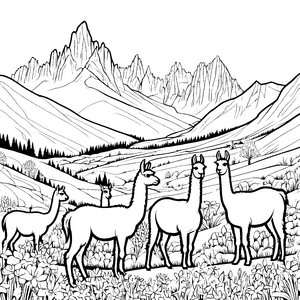 Lamas auf der blühenden Blumenwiese Ausmalvorlage für abenteuerlustige Naturfreunde