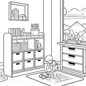 Farbenfroher Mehrzweckschrank im Spielzimmer Ausmalvorlage für kreative Raumgestalter
