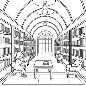 Bezaubernde Bibliothek mit Lesespaß Ausmalvorlage für wissbegierige Entdecker
