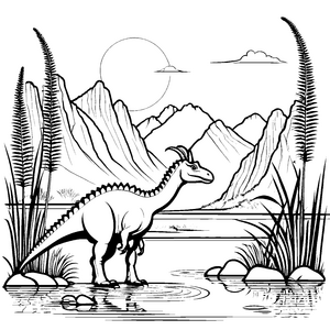 Parasaurolophus am urzeitlichen Ufer Ausmalvorlage für neugierige Dino-Entdecker