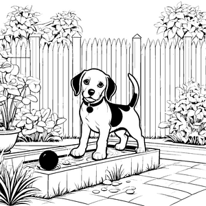 Beagle mit neugierigem Blick im blühenden Garten Ausmalvorlage für tierliebe Abenteurer