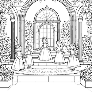 Glamouröse Brautjungfern im bezaubernden Garten Malvorlage für kreative Hochzeitspläne