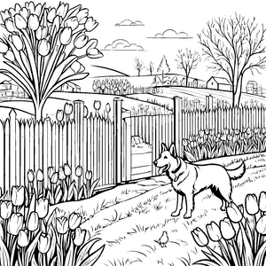 Charmanter Hofhund vor blühendem Garten Ausmalbild für kreative Naturfreunde