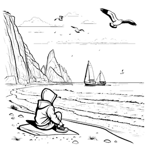 Küstenlandschaft mit Segelboot und Kind Malvorlage für neugierige Naturfreunde