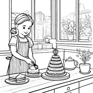 Kreative Kuchenbäckerin verziert köstliche Torten Ausmalvorlage für kleine Meisterköche